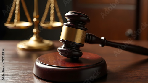 A close-up shot of a judge's gavel resting on a wooden sound block, with a blurred brass scale of justice in the background.