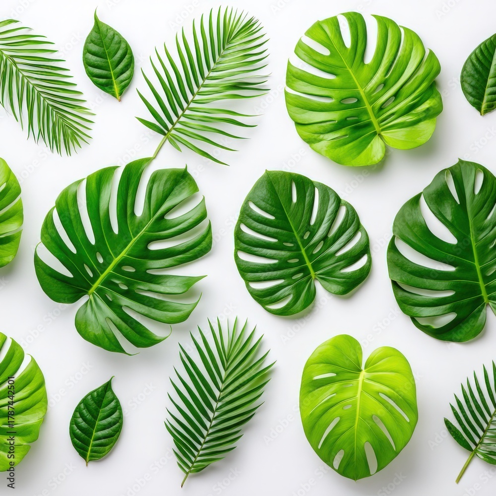 Fototapeta premium Tropical Green Leaf Arrangement on White Background for Decor