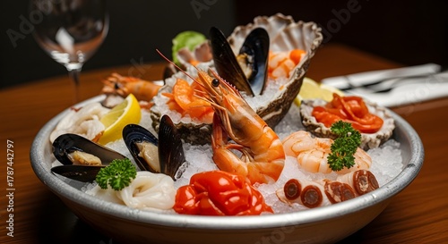A beautifully arranged seafood platter featuring shrimp, oysters, and various shellfish garnished with lemon slices and fresh herbs on a dark background
