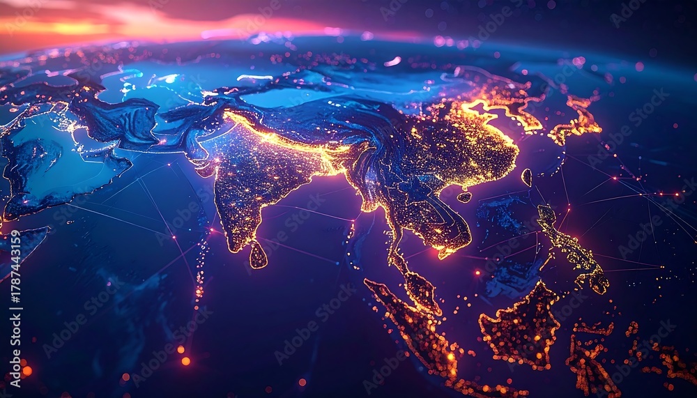 Obraz premium Glowing map of Asia. Dark blue oceans surround illuminated landmasses, resembling city lights, with a dreamy, ethereal glow