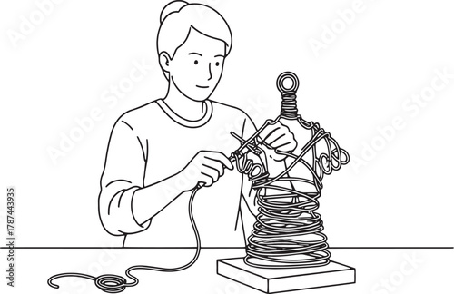 Creative Process: Person Crafting Wire Sculpture Art - Minimalist Line Art Illustration