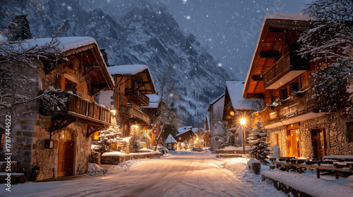 A snowy village street at night with chalets lit up and mountains in the background during snowfall