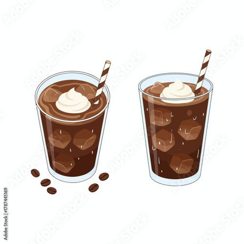 Refreshing Iced Coffee in a Clear Glass with Ice Cubes and Coffee Beans