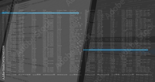 Fotografi Displaying two angled computer monitors showing terminal tabular text at desk, w