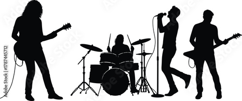 Rock band silhouette, live music performance, electric guitar players, drummer on stage, lead singer with mic, concert energy, black blue outline, dynamic pose, entertainment