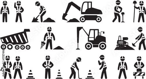 Construction workers and excavation icons set. Machinery, engineer, digger, site, progress, industrial, development, repair, builder, heavy, job, truck, maintenance, architecture, teamwork, structure,