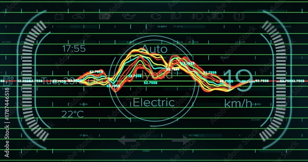 Obraz premium Displaying digital cluster on car dashboard showing central Electric Auto gauge, color waves, speed