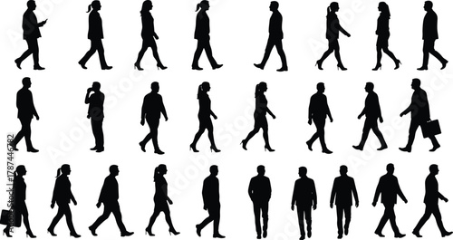 Silhouettes of walking people, diverse postures, urban motion, business attire, casual outfits, human movement, pedestrian activity, character design, animation reference, 