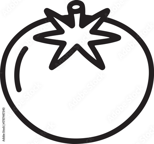 Simple line art icon of a fresh tomato with stem and leaves