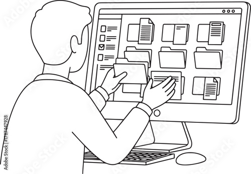 Digital File Management on Computer Screen - Line Art Illustration