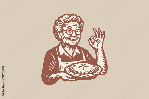Grandma with pie — vintage engraving, bold line vector