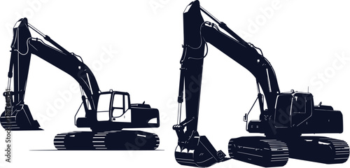 Two Excavator Silhouettes on White Background construction heavy machinery