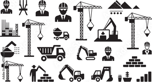 Construction industry icons set. Building, development, teamwork, crane, project, industrial, engineer, structure, maintenance, progress, repair, worker, tool, site, machinery, safety, plan, architect