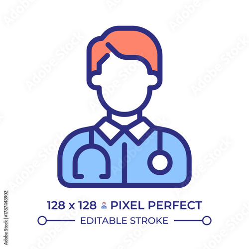 Doctor pixel perfect line color icon. Physician in robe with stethoscope. Medical staff. General practitioner. Isolated vector illustration. Flat colorful symbol design. Editable stroke