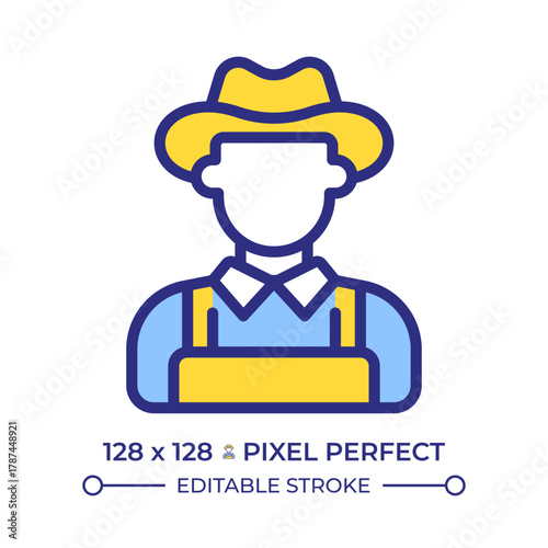 Farmer pixel perfect line color icon. Farm owner in cowboy hat and jumpsuit. Agricultural industry worker. Country life. Isolated vector illustration. Flat colorful symbol design. Editable stroke