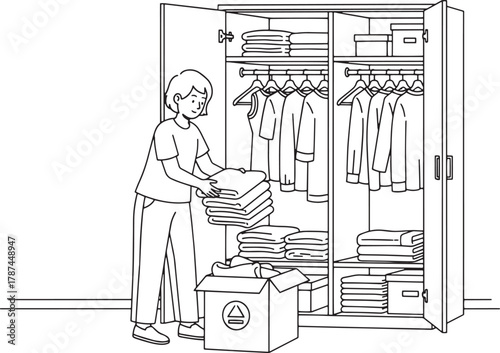 Woman Organizing Wardrobe and Donating Clothes Line Art Illustration