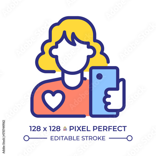Woman influencer pixel perfect line color icon. Female blogger holding smartphone. Creating content for social media. Isolated vector illustration. Flat colorful symbol design. Editable stroke
