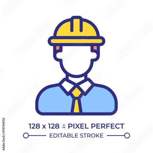 Engineer pixel perfect line color icon. Man contractor with helmet. Construction site manager. Building industry. Isolated vector illustration. Flat colorful symbol design. Editable stroke