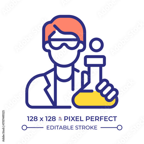 Scientist pixel perfect line color icon. Man chemist holding flask of liquid. Specialist conducting lab testing. Isolated vector illustration. Flat colorful symbol design. Editable stroke