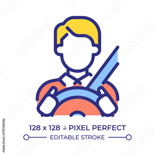 Driver pixel perfect line color icon. Man with safety belt driving car. Professional in transportation industry. Isolated vector illustration. Flat colorful symbol design. Editable stroke