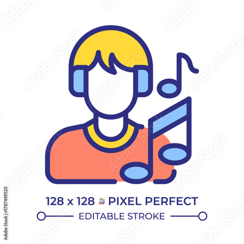 Musician pixel perfect line color icon. Man with headphones and music notes. Songs and melodies author. Melomaniac. Isolated vector illustration. Flat colorful symbol design. Editable stroke