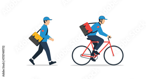 Delivery man icons, courier with bag on his back walks and drives a bicycle sign