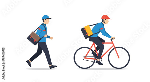 Delivery man icons, courier with bag on his back walks and drives a bicycle sign