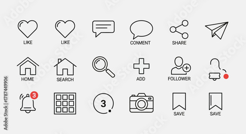 Instagram icon set in outline style. Social media instagram notification icons