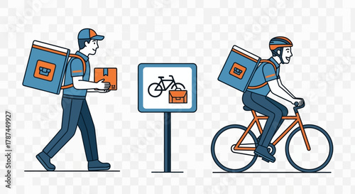 Delivery man icons, courier with bag on his back walks and drives a bicycle sign