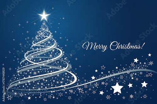 Merry Christmas Elegant Spinning Spiral Tree With Stars And Snowflakes On Deep Blue Night

