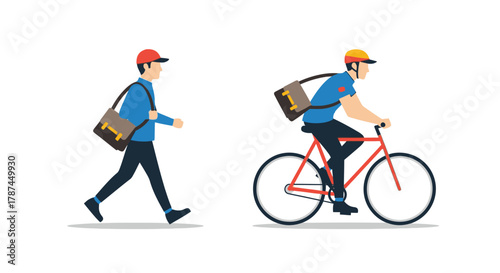 Delivery man icons, courier with bag on his back walks and drives a bicycle sign