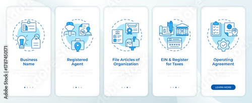 Create LLC blue onboarding mobile app screen. Limited liability company. Walkthrough 5 steps editable graphic instructions with linear concepts. UI, UX, GUI. Montserrat SemiBold, Regular fonts used