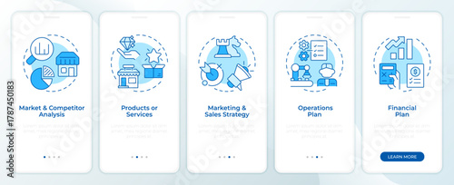 Stages of business plan blue onboarding mobile app screen. Organization. Walkthrough 5 steps editable graphic instructions with linear concepts. UI, UX, GUI. Montserrat SemiBold, Regular fonts used