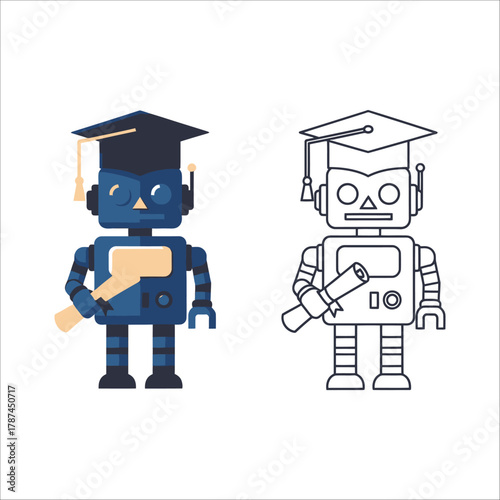 Blue robot wearing a graduation cap and holding a diploma, depicted in color and outline styles