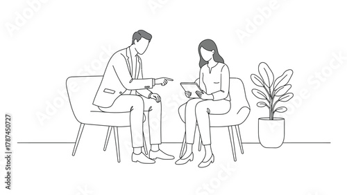 Business Meeting Consultation Vector Illustration in Minimalist Line Art Style