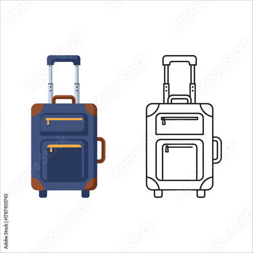 Blue rolling suitcase with brown accents and yellow zippers