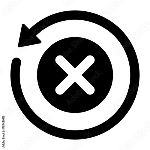 Black round check sync disapproved icon, simple failed rotating spin with crossmark flat design pictogram vector, app logo ads web webpage button ui ux interface elements isolated on white backgroun