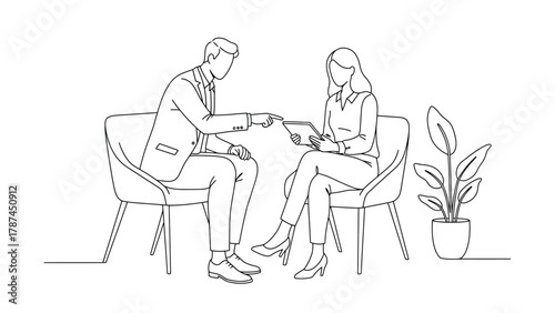 Business Professionals Meeting and Discussion Line Art Vector Illustration. Man and Woman in Office Consultation with Digital Tablet