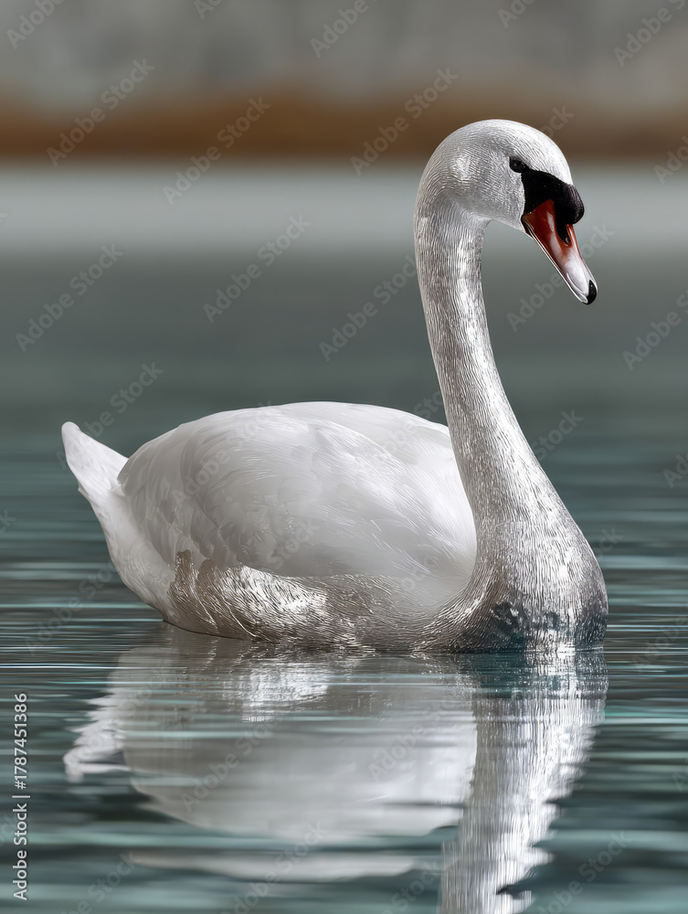 Fototapeta premium Swan swimming gracefully on a calm lake.