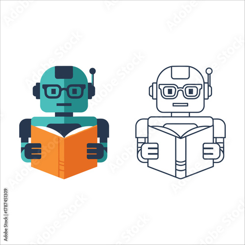 Green robot wearing glasses and reading a book
