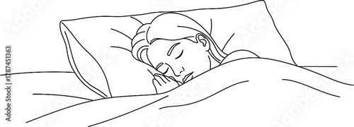 Peaceful Woman Sleeping in Bed Line Art Vector Illustration