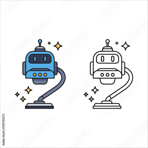 Cute blue robot with a vacuum cleaner attachment