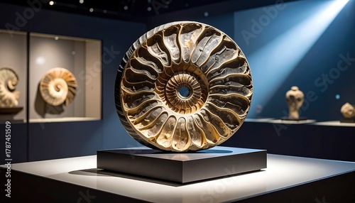 Large ammonite fossil displayed in a museum exhibit with focused lighting