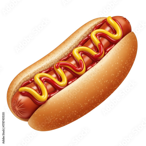 Classic Hot Dog with Mustard and Ketchup Fresh Tasty Food Sausage Bun Isolated