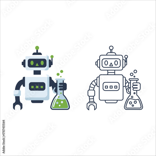 White robot holding a flask with green liquid