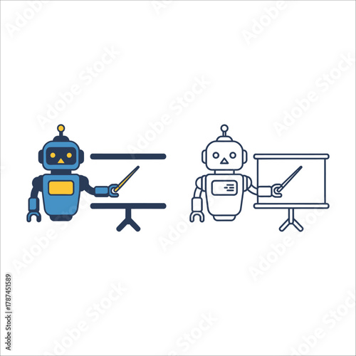 Blue robot presenting on a whiteboard, with a color and outline version