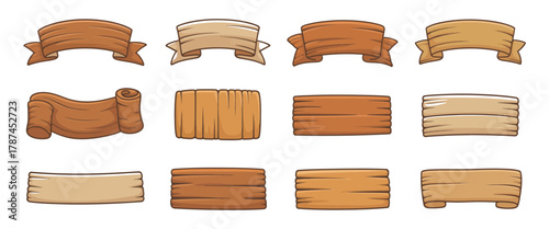 B.epsCartoon wooden banners with blank hardwood signboard frames, retro game sign assets, rustic wood placards for advertising.