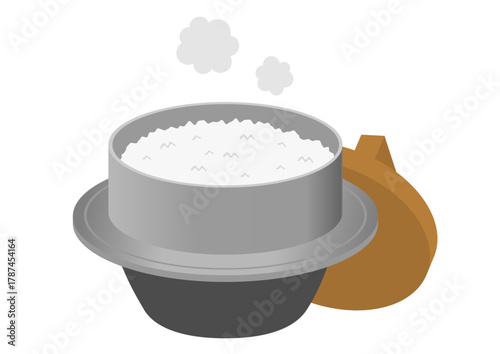 蓋の開いた釜と炊き立ての白米のイラスト
