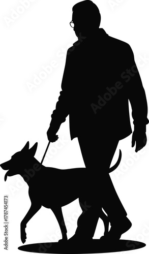 Elder man walking with dog silhouette isolated on white background 