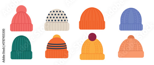 knitted hats in various colors and styles for winter wear during the cold season